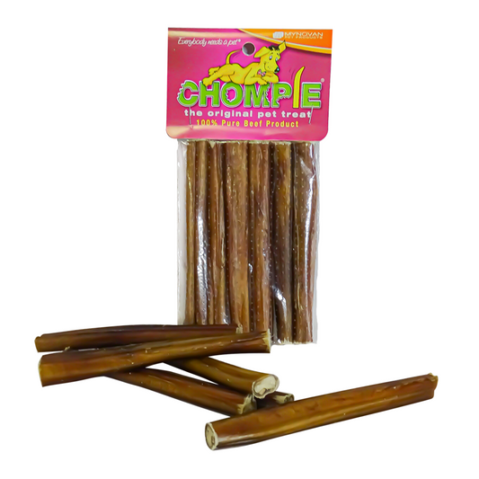 Chompie beef stick dog treats in the smaller retail pack with loose sticks on a white background.