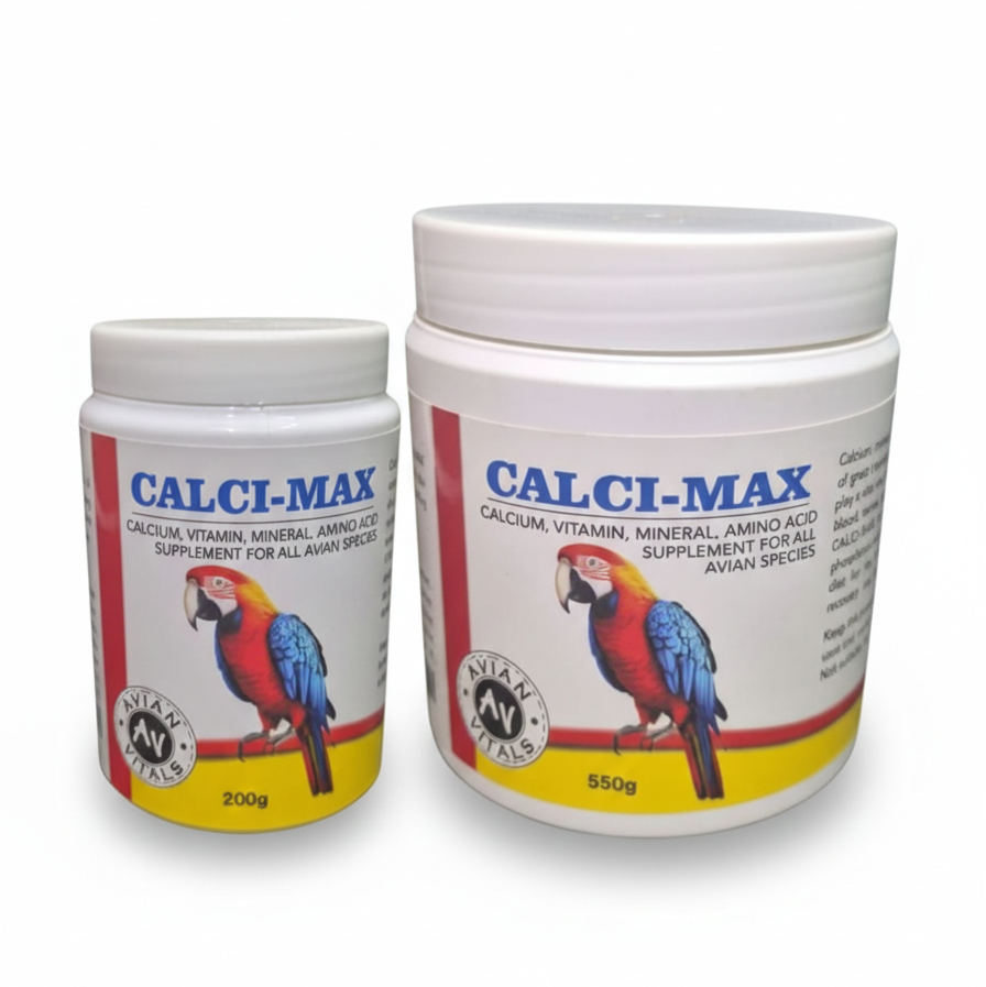 Two containers of Calci-Max bird supplement with parrot illustrations on a white background