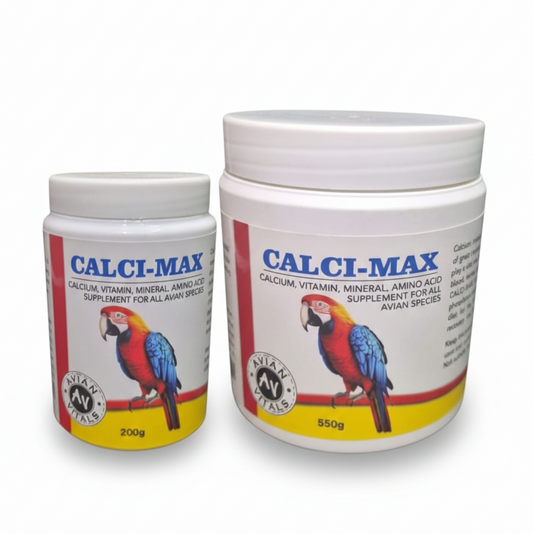 Two containers of Calci-Max bird supplement with parrot illustrations on a white background
