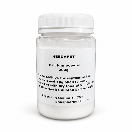 NEEDApet Calcium powder 200g in its original clear jar with white lid and printed label, shown on white.