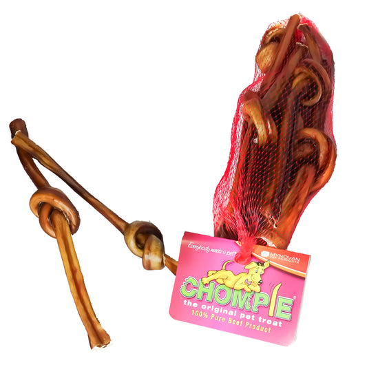 Chompie beef knots dog treats showing the red mesh 250g pack and two loose knotted chews on a white background.