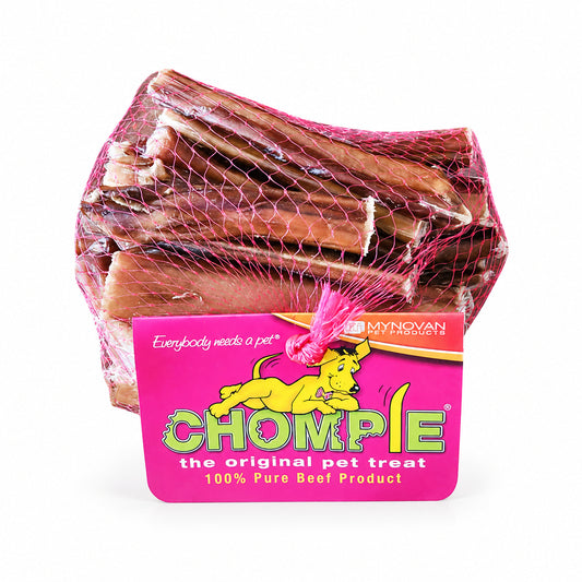 Chompie beef offcuts dog treats in the original mesh pack with pink label on white; listed pack size 400g.