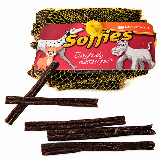 Soffies Chewies labelled mesh pack and loose dark beef sticks, shown clearly against a white background.
