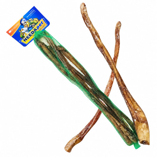 Stafie long beef dog treats with the NEEDApet mesh pack and loose chews, cleaned against a white background.