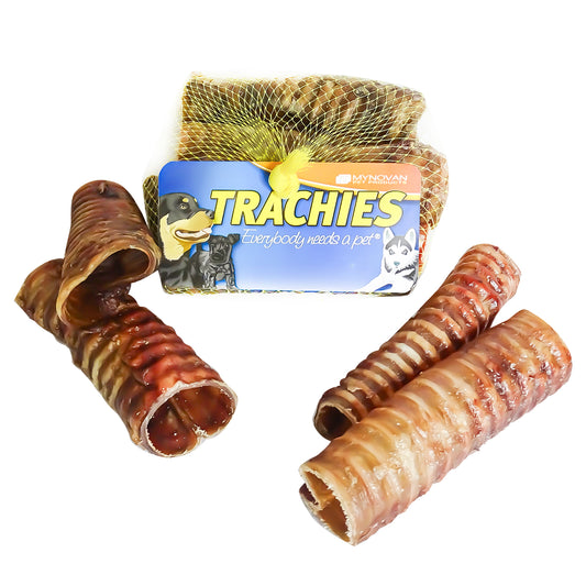 Trachies beef trachea dog treats showing the labelled 1kg pack and loose hollow chews on a white background.